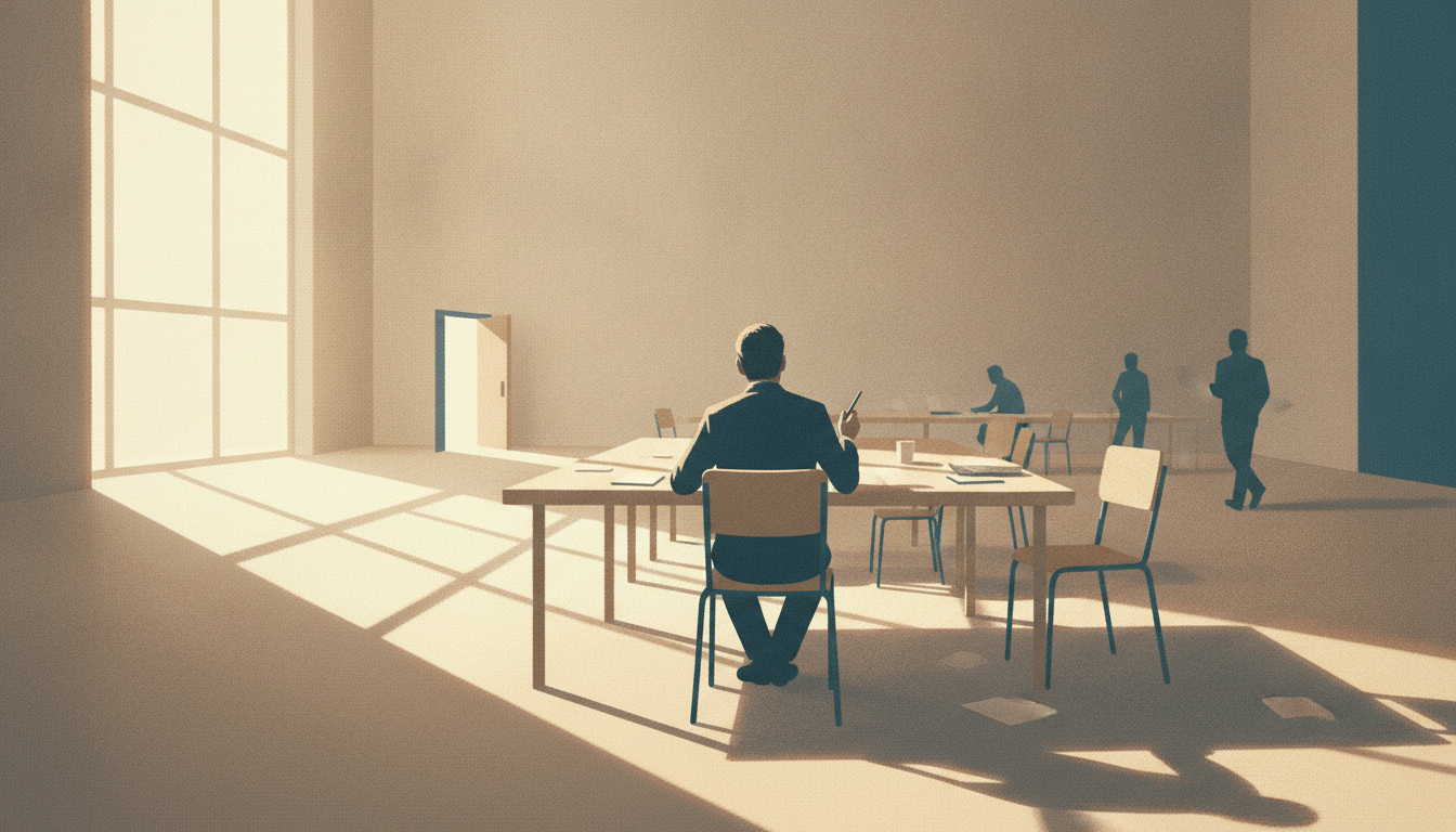 Nieuwe medewerker van achteren aan een lange vergadertafel in een lichte werkruimte, pen halverwege boven een leeg notitieblok, terwijl de anderen als silhouetten al wegbewegen en rond zijn plek een lege, oplichtende ruimte openvalt.
